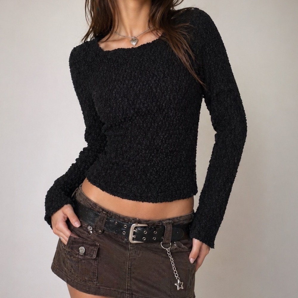 vtg Magnet Art Lynn Yang Black Popcorn Textured Long Sleeve Top Vintage Y2K J3